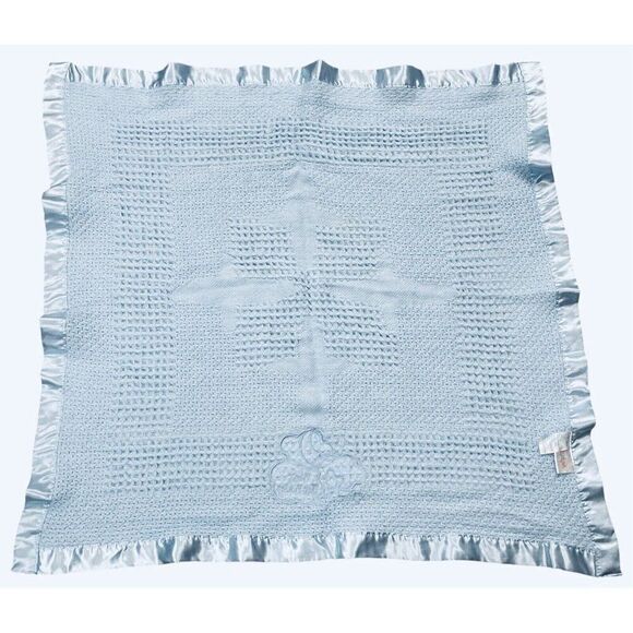 Kidgets Blue Waffle Weave Satin Edge Bless This Baby Blanket 28x29 Thermal Throw - Picture 3 of 11